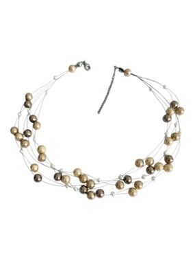 Floating Mixed Pearl Collar Necklace Triple Silver Wire Cream Tan White